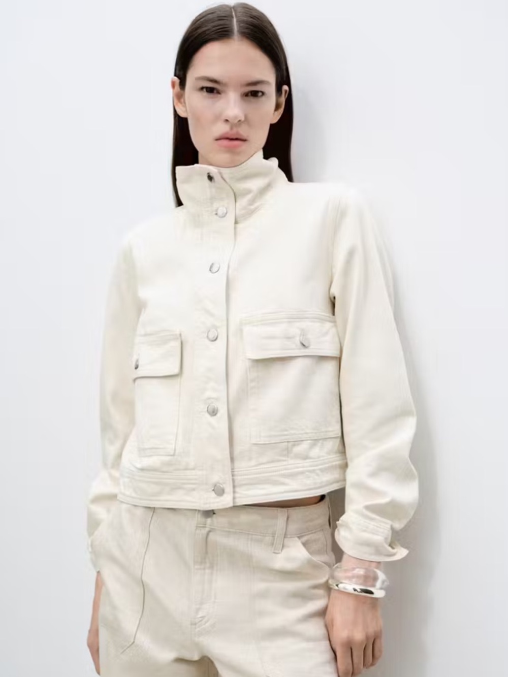 Mango - White Cotton Jacket with High Collar and Pocket
